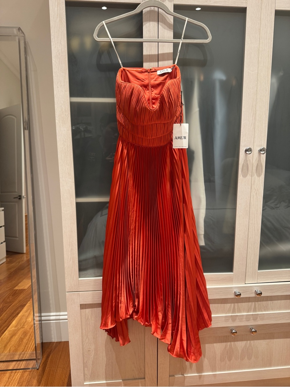 AMUR Orange-Red Pleated High-Low Satin Dress